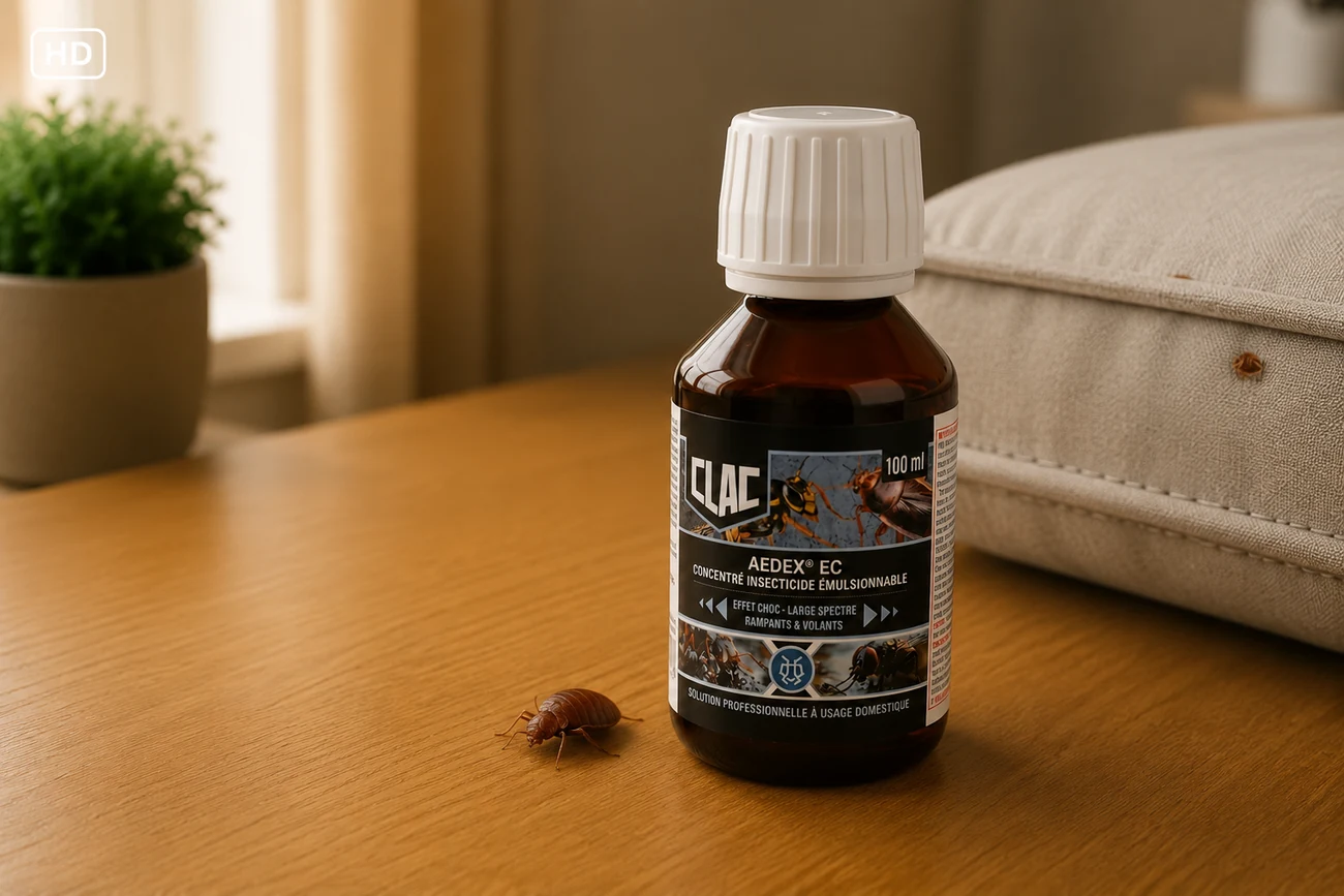 Flacon CLAC AEDEX EC 100 ml concentré insecticide anti-punaises de lit posé sur une table de chevet