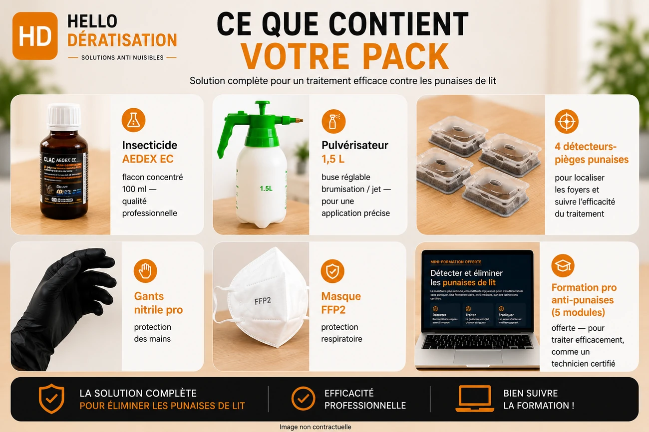 Contenu du Pack Anti-Punaises de Lit : insecticide, pulvérisateur, détecteurs, gants, masque et formation