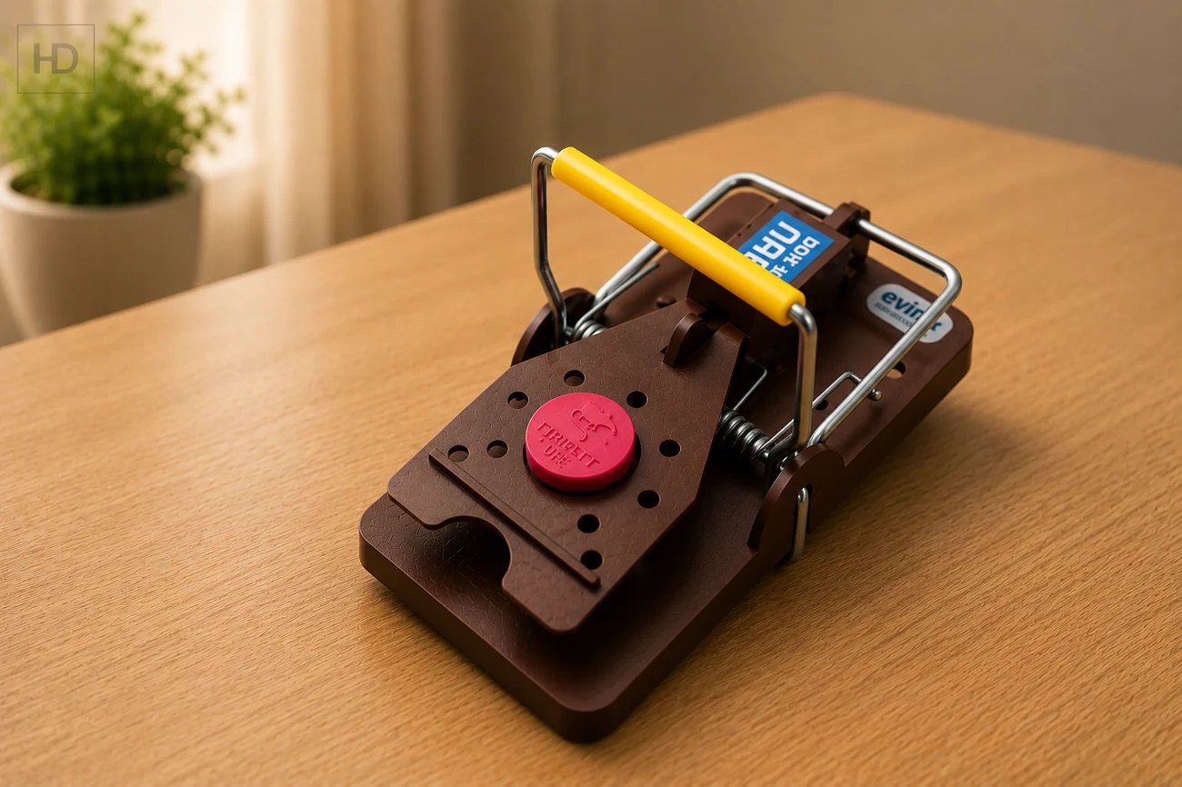 Piège mécanique à souris GORILLA TRAP avec réceptacle à leurre NARA, posé sur un plan de travail