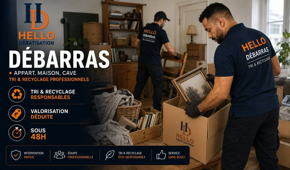 Débarras de logement à Marseille — deux techniciens Hello Dératisation emballant meubles et objets de valeur avec soin, tri sélectif et valorisation des biens récupérables