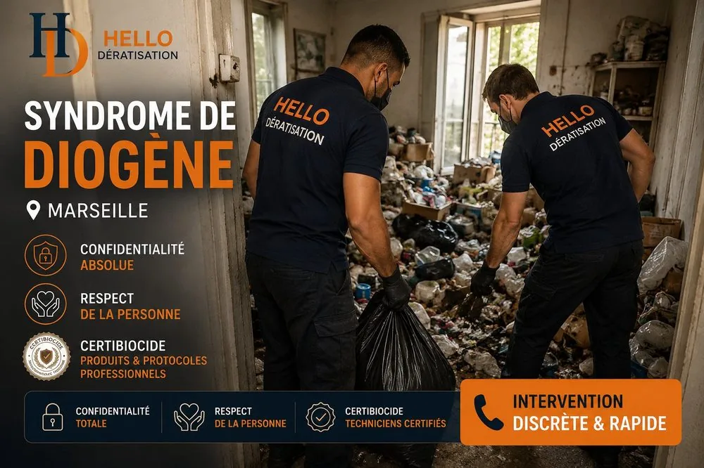 Nettoyage après syndrome de Diogène à Marseille — deux techniciens Hello Dératisation en intervention discrète, confidentialité et respect de la personne, équipe certifiée Certibiocide