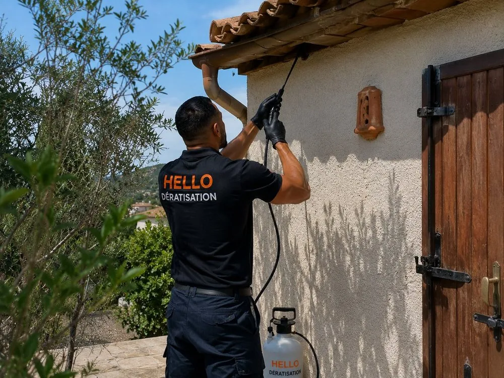 Technicien Hello Dératisation traitant au pulvérisateur sous l'avant-toit d'une maison lors d'une dératisation à Ceyreste (13600)