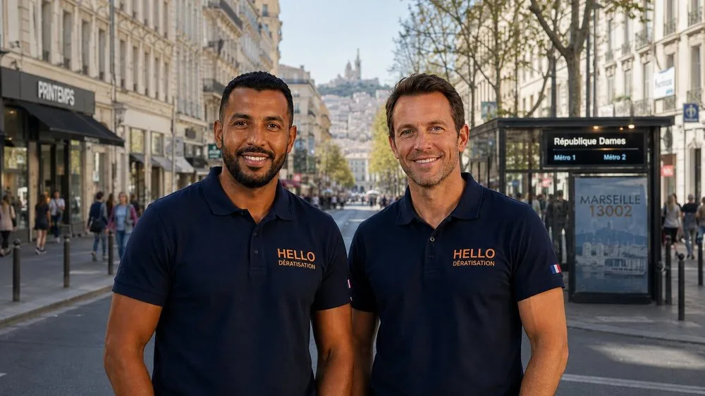 Medhi et Julien, fondateurs de Hello Dératisation, rue de la République dans le 2e arrondissement de Marseille — dératisation et nuisibles à la Joliette et au Panier (13002)