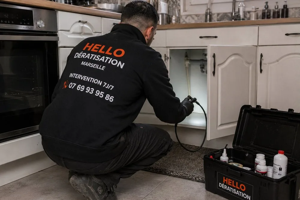 Technicien Hello Dératisation en intervention à Gardanne (13120) : inspection et traitement sous un évier de cuisine contre les nuisibles