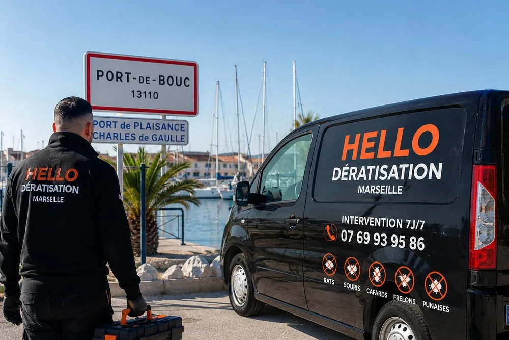 Technicien Hello Dératisation devant le panneau de Port-de-Bouc (13110), véhicule d'intervention près du port de plaisance Charles-de-Gaulle — dératisation et nuisibles au port, le long du canal de Caronte et en copropriété