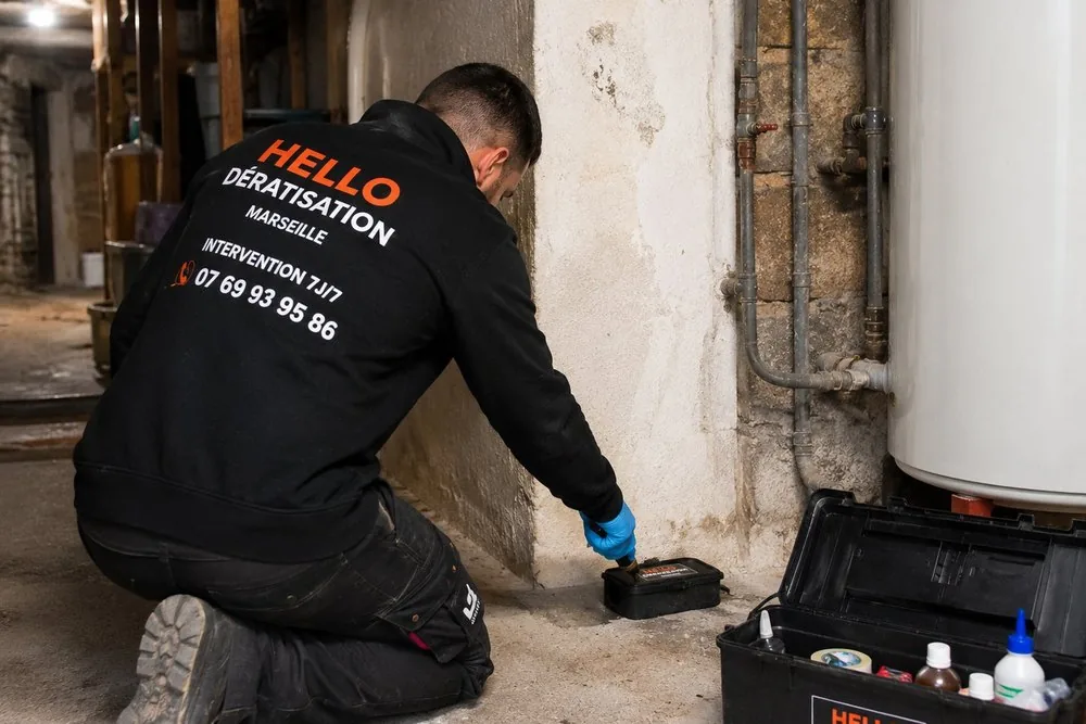 Technicien Hello Dératisation en intervention à Fos-sur-Mer (13270) : pose d'un poste d'appâtage sécurisé contre les rongeurs en sous-sol