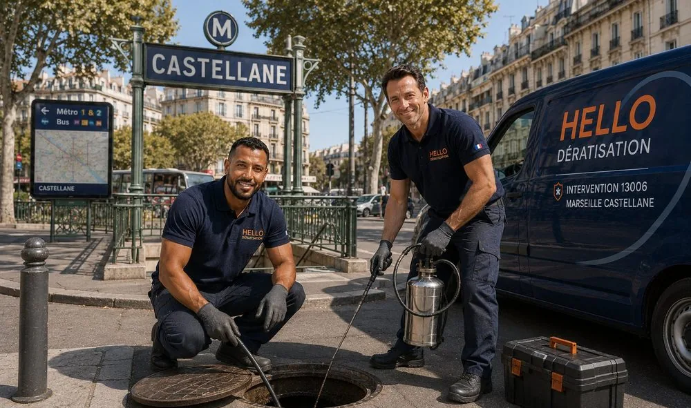 Medhi et Julien, techniciens Hello Dératisation, en intervention dans le 6e arrondissement de Marseille (13006) : traitement d'un regard d'égout à la station de métro Castellane