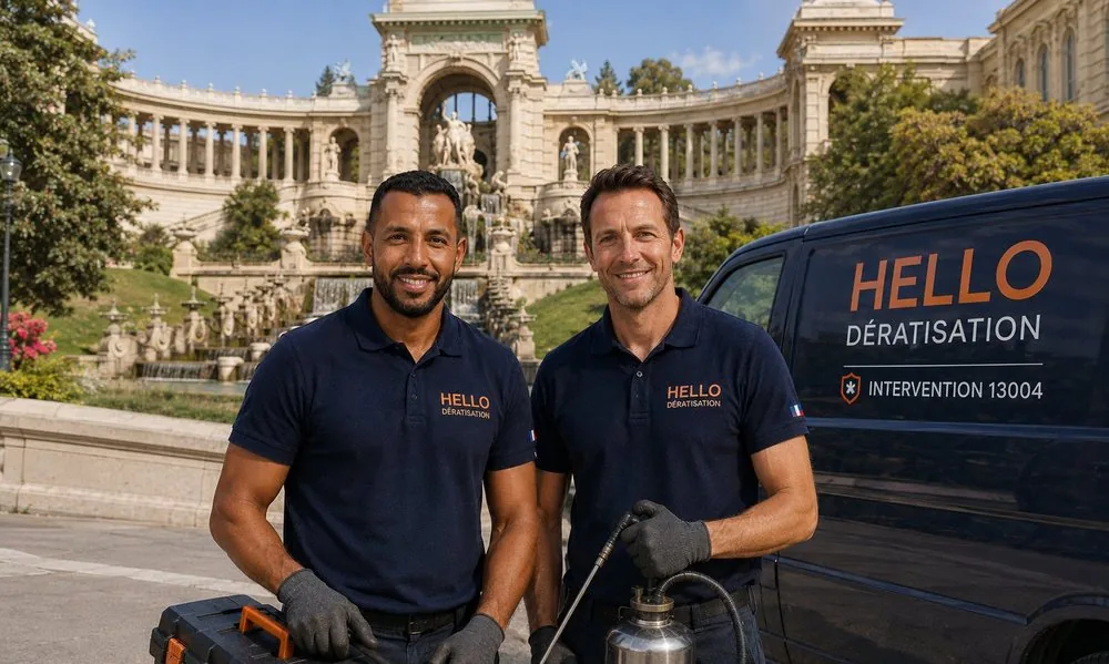 Medhi et Julien, fondateurs de Hello Dératisation, devant le Palais Longchamp dans le 4e arrondissement de Marseille — dératisation et nuisibles aux Cinq-Avenues et aux Chartreux (13004)