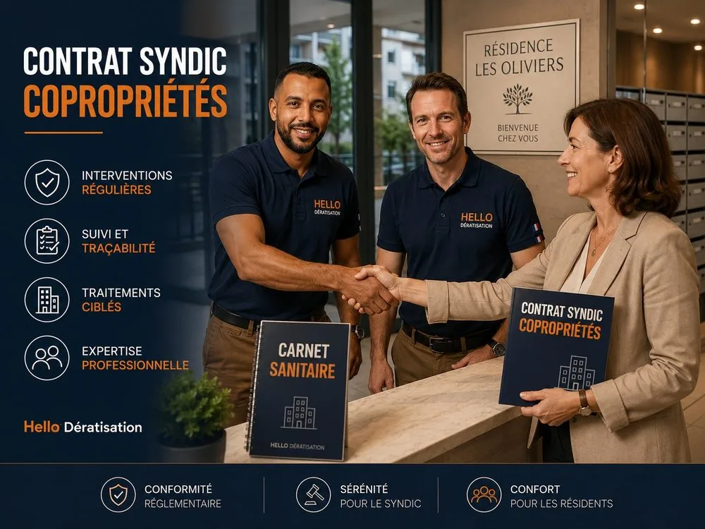 Contrat syndic copropriétés Hello Dératisation — remise du carnet sanitaire à une gestionnaire dans le hall d'une résidence à Marseille, interventions régulières et traçabilité