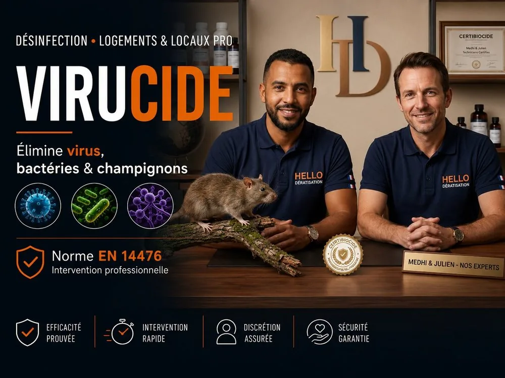 Medhi et Julien, experts Hello Dératisation certifiés Certibiocide — désinfection virucide EN 14476 des logements et locaux professionnels à Marseille