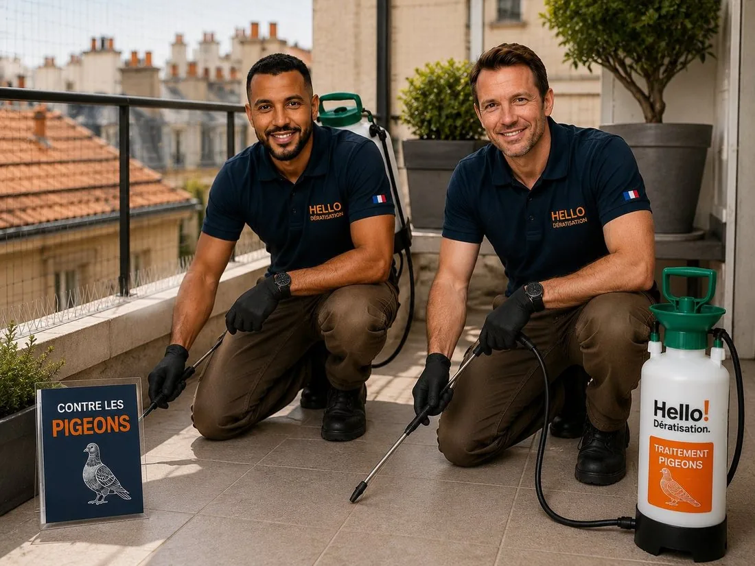 Medhi et Julien, Hello Dératisation, en intervention dépigeonnage sur un balcon de Marseille — pics anti-pigeons en arrière-plan