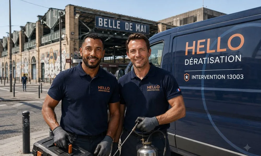 Medhi et Julien, techniciens Hello Dératisation, en intervention dans le 3e arrondissement de Marseille (13003) devant la halle de la Belle de Mai, avec matériel et pulvérisateur professionnel