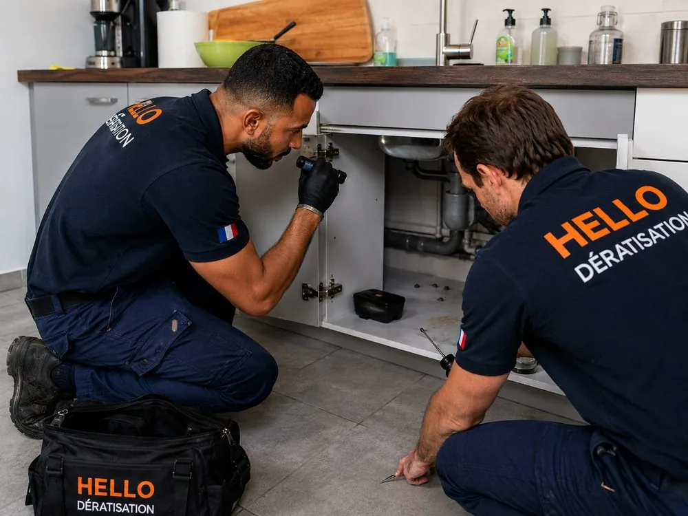 Medhi et Julien, techniciens Hello Dératisation, inspectant sous un évier lors d'une dératisation à Marignane (13700)