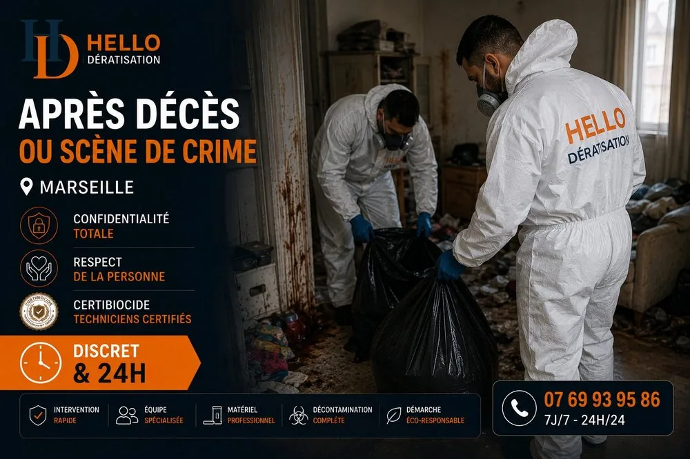 Décontamination biologique après décès à Marseille — techniciens Hello Dératisation en combinaison de protection, désinfection complète et gestion des déchets DASRI