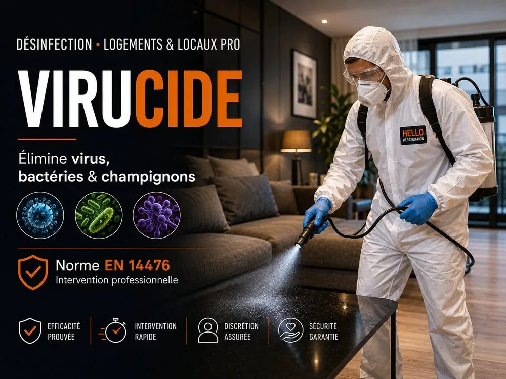 Désinfection de logement à Marseille — technicien Hello Dératisation en combinaison pulvérisant un produit virucide EN 14476 sur les surfaces, élimination des virus bactéries et champignons
