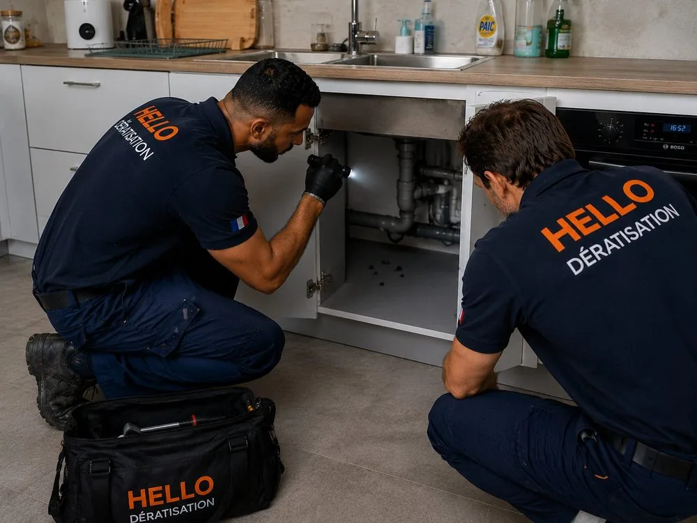 Medhi et Julien, techniciens Hello Dératisation, inspectant sous un évier lors d'une dératisation à Septèmes-les-Vallons (13240)