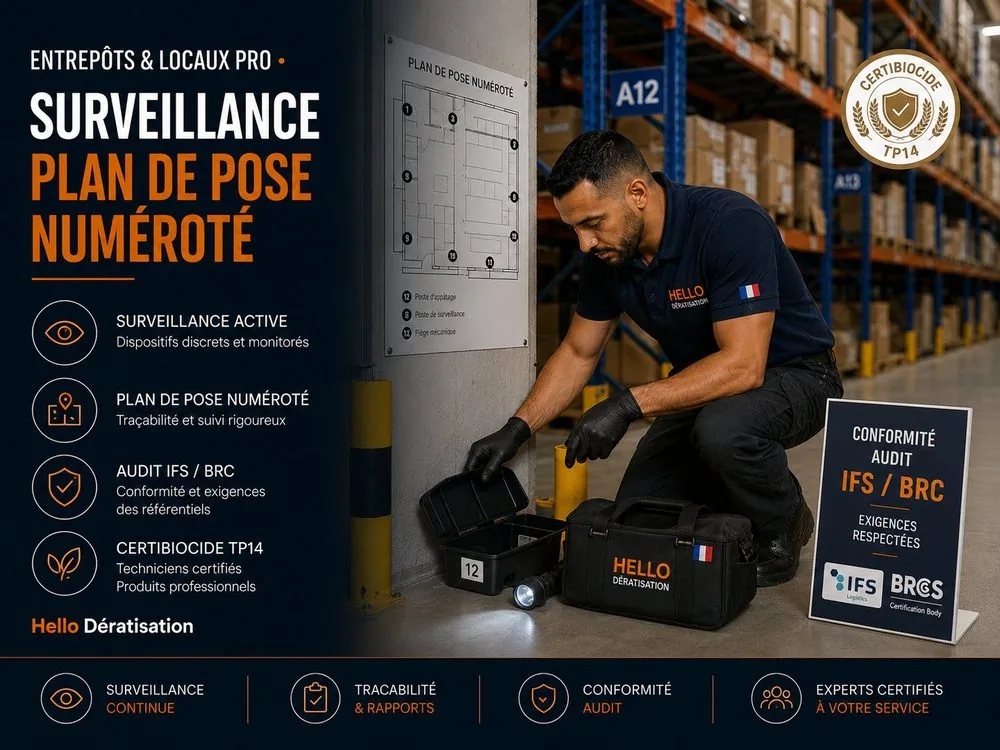 Surveillance et plan de pose numéroté en entrepôt à Marseille — technicien Hello Dératisation posant une station d'appâts numérotée, conformité audit IFS BRC et certification Certibiocide TP14