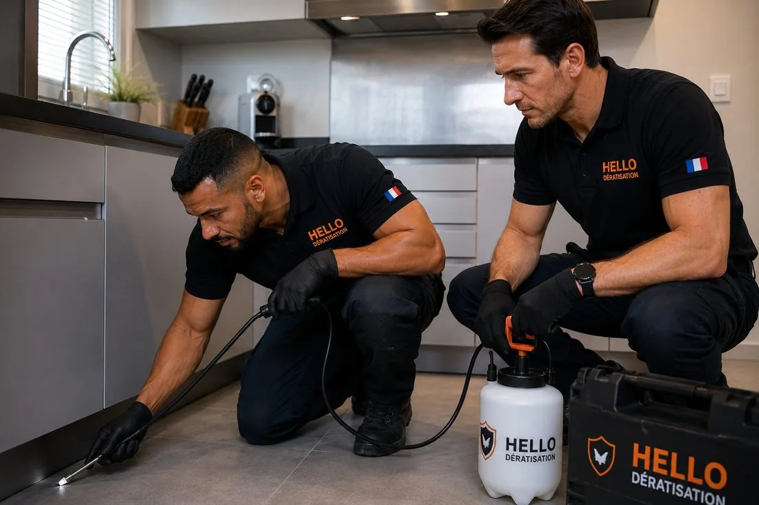 Medhi et Julien, techniciens Hello Dératisation certifiés Certibiocide, en intervention dans une cuisine à Marseille