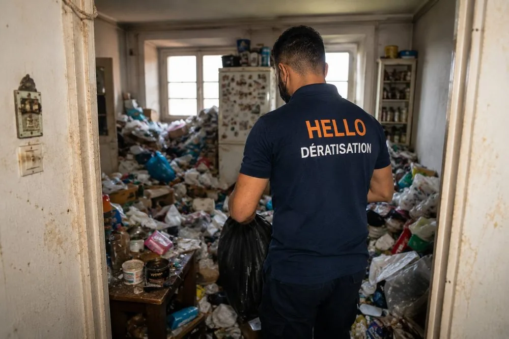 Désencombrement d'un logement après syndrome de Diogène à Marseille — technicien Hello Dératisation évacuant les déchets avec soin, dans le respect et la discrétion