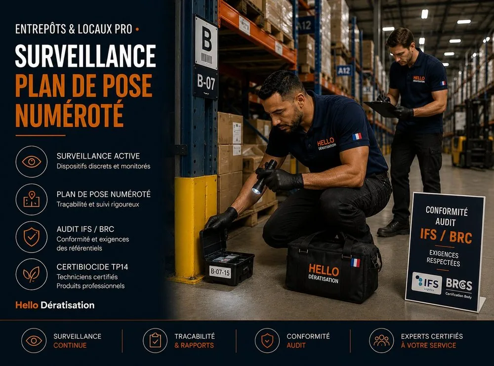 Deux techniciens Hello Dératisation en surveillance dans un entrepôt logistique à Marseille — relevé d'une station d'appâts numérotée B-07-15 et conformité audit IFS BRC