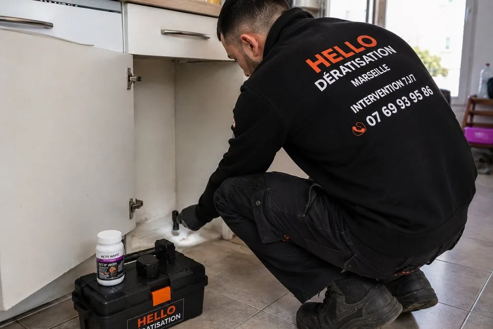 Technicien Hello Dératisation en intervention à Port-de-Bouc (13110) : inspection sous un meuble de cuisine et pose d'un poste d'appâtage sécurisé contre les rongeurs