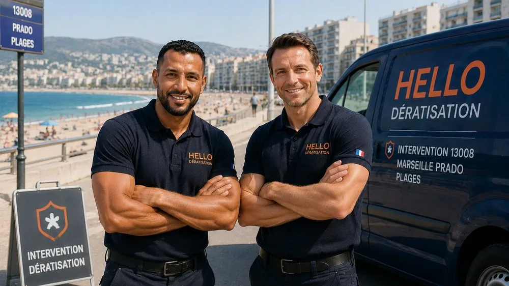 Medhi et Julien, Hello Dératisation, devant leur camion aux plages du Prado — 8e arrondissement de Marseille, Périer, Bonneveine (13008)