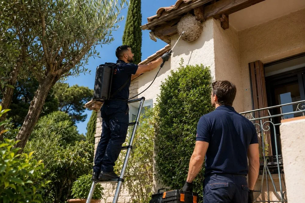 Technicien Hello Dératisation détruisant un nid de guêpes sous la toiture d'une bastide provençale dans le 12e arrondissement de Marseille (13012), avec perche télescopique et équipement de protection