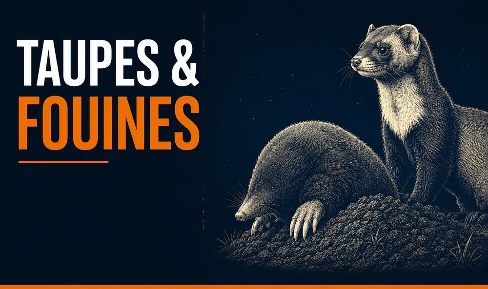 Taupes et fouines à Marseille — illustration d'une taupe sur une taupinière et d'une fouine, traitement par Hello Dératisation au jardin et dans les combles