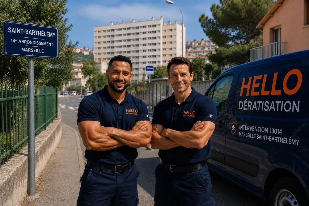 Medhi et Julien, fondateurs de Hello Dératisation, dans le 14e arrondissement de Marseille — dératisation et nuisibles au Merlan, Saint-Barthélémy et Sainte-Marthe (13014)