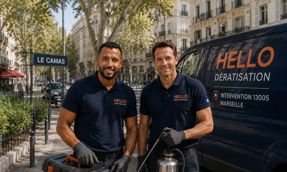 Medhi et Julien, fondateurs de Hello Dératisation, devant le panneau Le Camas dans le 5e arrondissement de Marseille — dératisation et nuisibles à La Plaine et Baille (13005)
