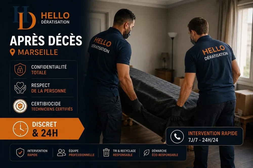 Nettoyage après décès à Marseille — deux techniciens Hello Dératisation en intervention discrète et respectueuse, confidentialité totale, équipe certifiée Certibiocide, disponible 24h/24