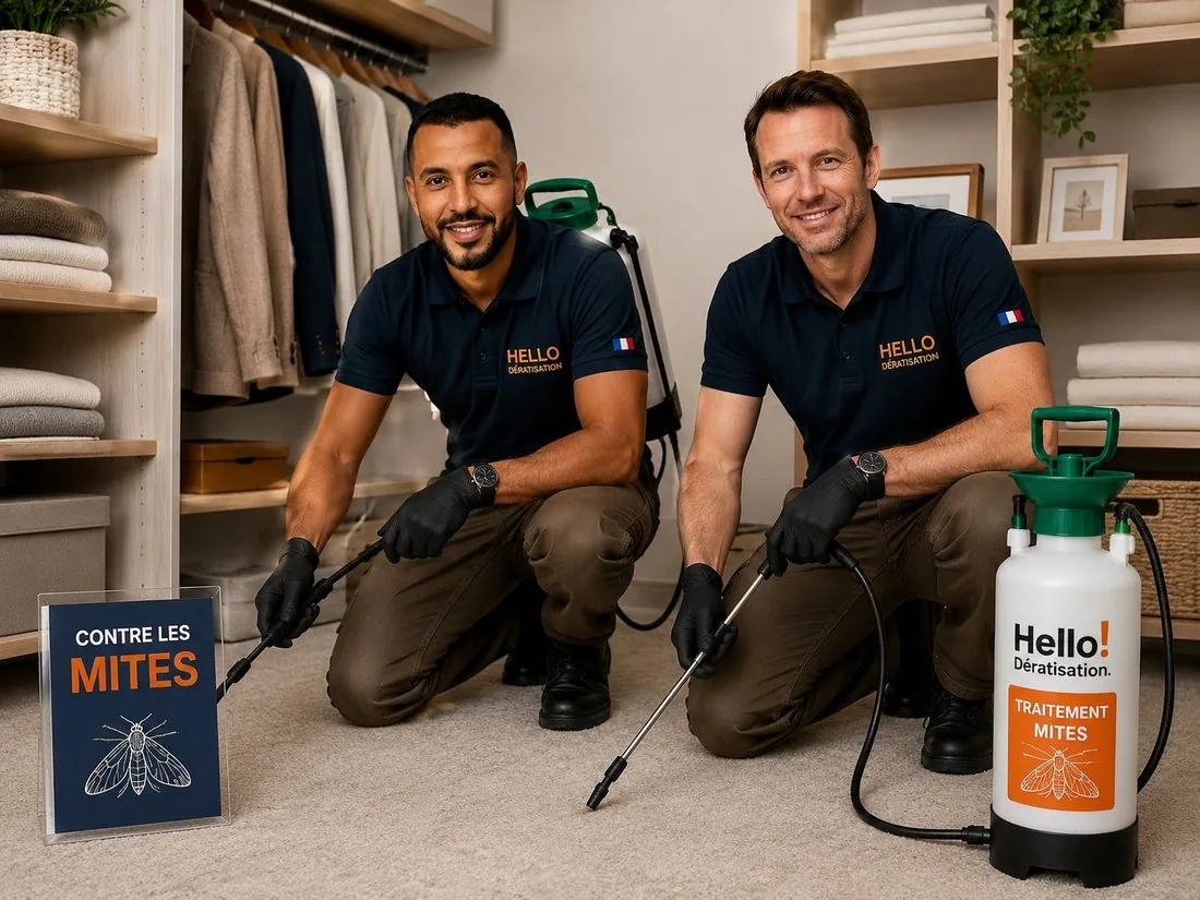 Medhi et Julien, Hello Dératisation, traitent un dressing contre les mites des vêtements à Marseille