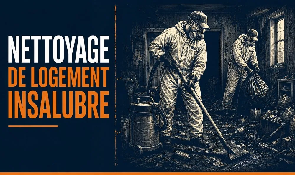 Nettoyage de logement insalubre à Marseille — illustration de techniciens Hello Dératisation en combinaison assainissant un logement encombré