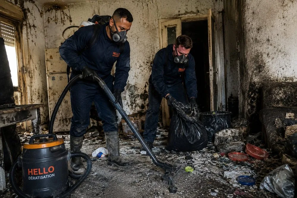Remise en état d'un logement insalubre à Marseille — techniciens Hello Dératisation aspirant et débarrassant un logement très dégradé, équipés de protections