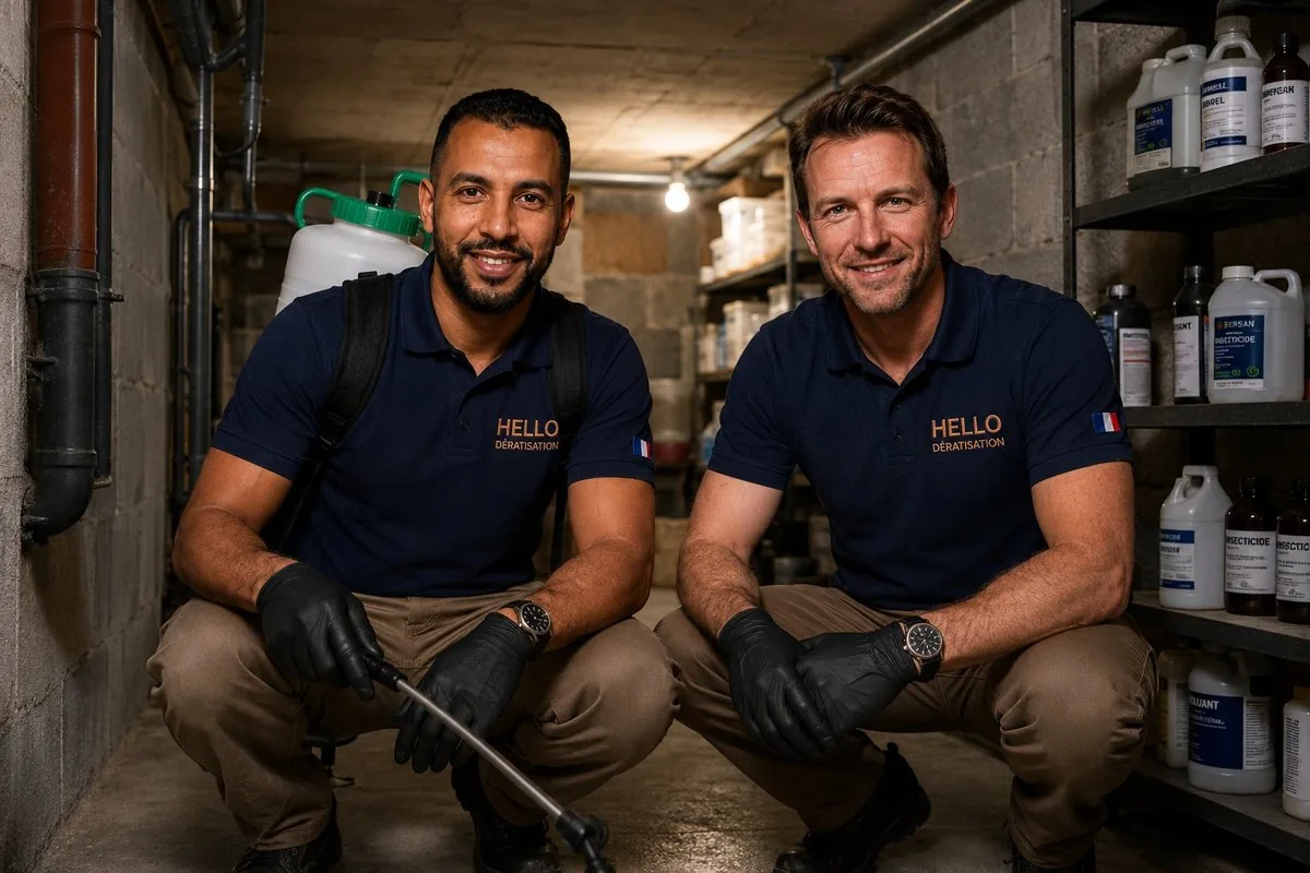 Medhi et Julien, traitement anti-fourmis à Marseille — Hello Dératisation, gel appât professionnel certifié Certibiocide