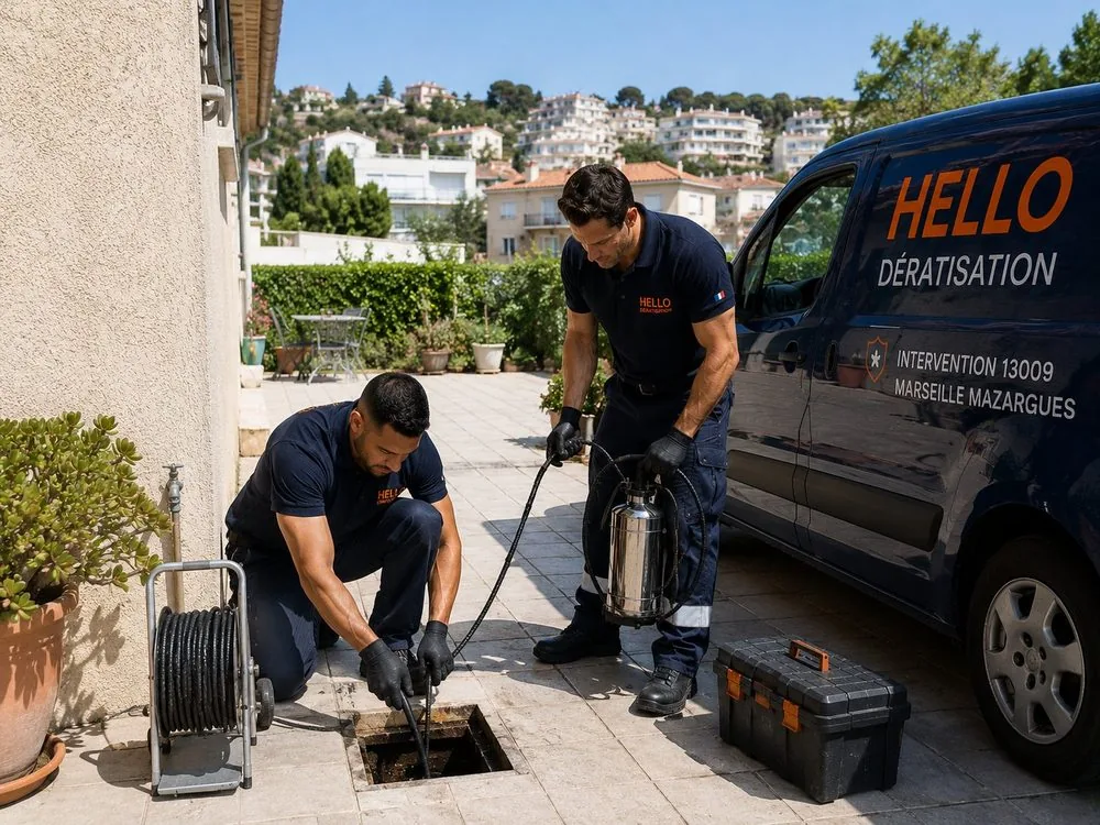 Medhi et Julien, techniciens Hello Dératisation, en intervention dans le 9e arrondissement de Marseille (13009) : inspection des abords d'une villa avec jardin, à la lisière des collines