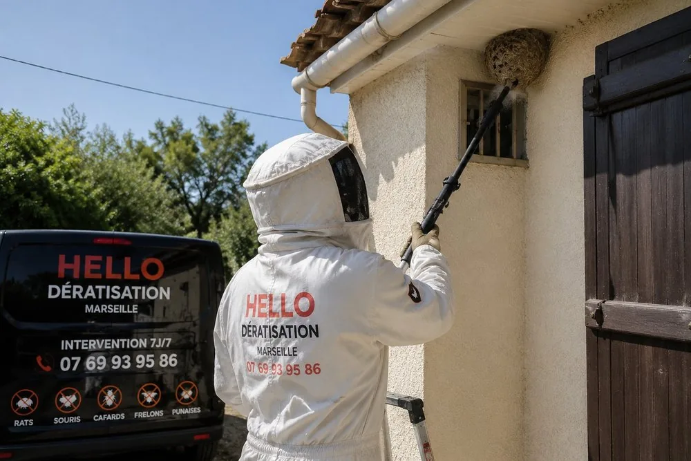 Technicien Hello Dératisation en intervention à Miramas (13140) : destruction d'un nid de frelons en combinaison de protection, véhicule d'intervention à proximité