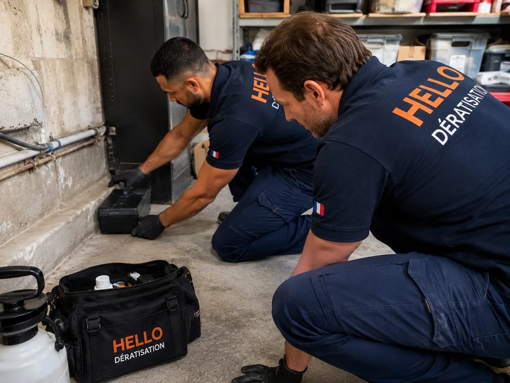Medhi et Julien, techniciens Hello Dératisation, posant un poste d'appât sécurisé lors d'une dératisation à Allauch (13190)