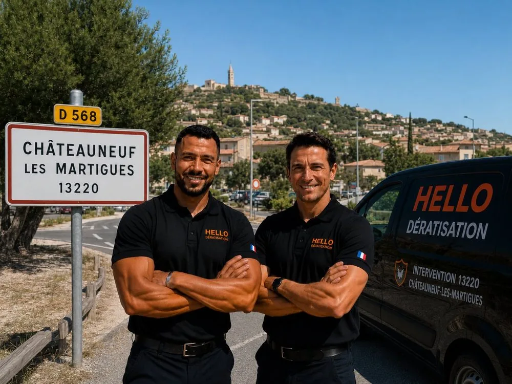 Medhi et Julien, fondateurs de Hello Dératisation, à Châteauneuf-les-Martigues — dératisation et nuisibles au village, à La Mède et sur l'étang de Berre (13220)