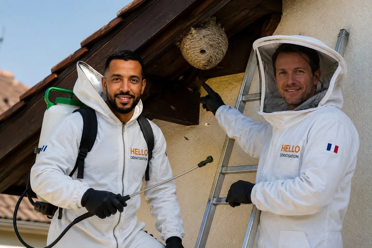 Medhi et Julien détruisant un nid de frelons sous une toiture à Marseille — Hello Dératisation, combinaison de protection et perche