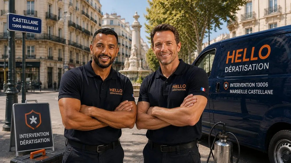 Medhi et Julien, fondateurs de Hello Dératisation, sur la place Castellane dans le 6e arrondissement de Marseille — dératisation et nuisibles dans le 13006
