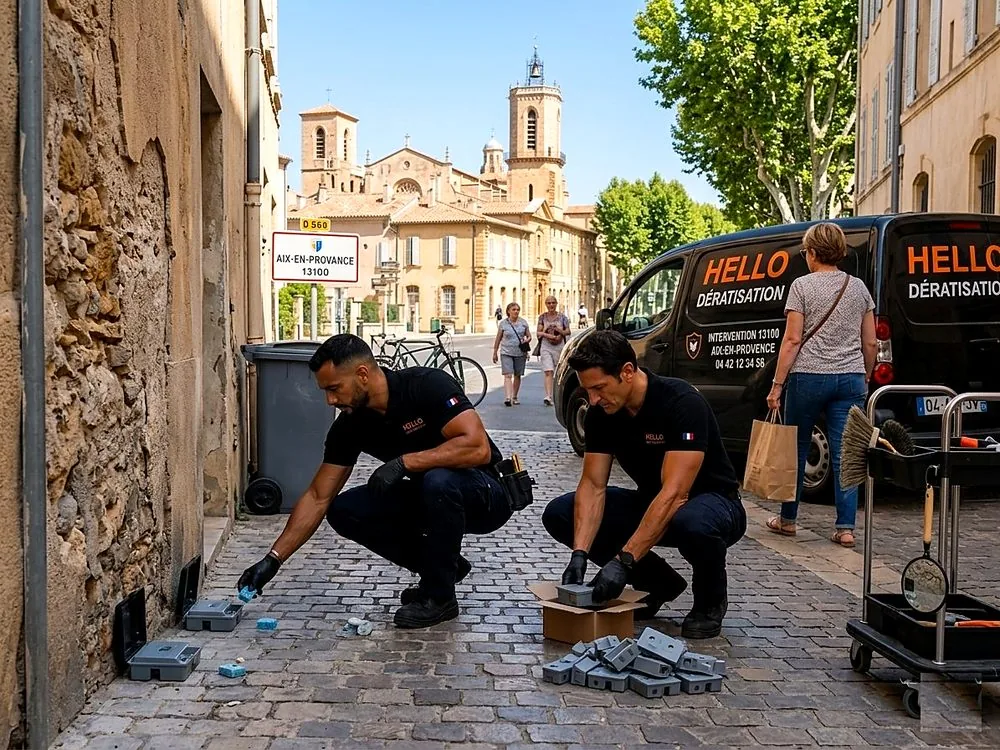 Techniciens Hello Dératisation posant des postes d'appâtage dans une ruelle du centre historique lors d'une dératisation à Aix-en-Provence (13100)