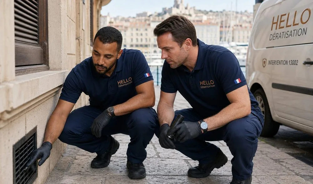 Medhi et Julien, techniciens Hello Dératisation, en intervention dans le 2e arrondissement de Marseille (13002) : inspection d'une bouche d'aération près du port, à la Joliette