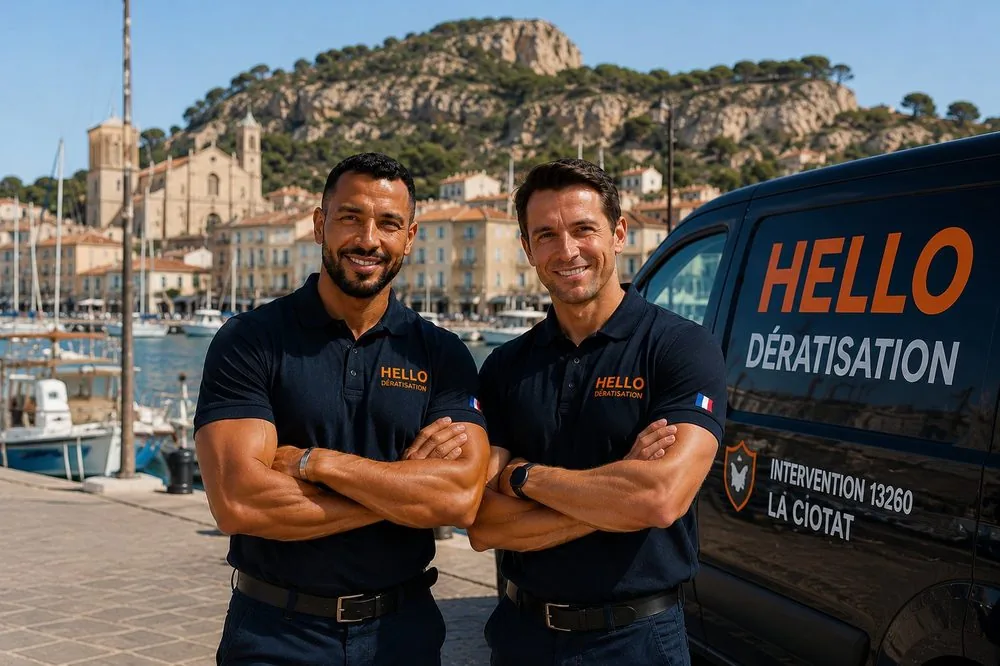 Medhi et Julien, fondateurs de Hello Dératisation, à La Ciotat — dératisation et nuisibles au vieux port, sur le front de mer et en zone Athélia (13600)