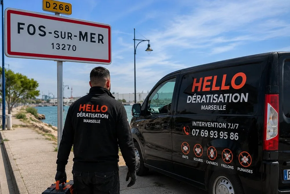 Technicien Hello Dératisation devant le panneau de Fos-sur-Mer (13270), véhicule d'intervention au bord du golfe — dératisation et nuisibles en zone portuaire, au vieux village et dans les entrepôts logistiques
