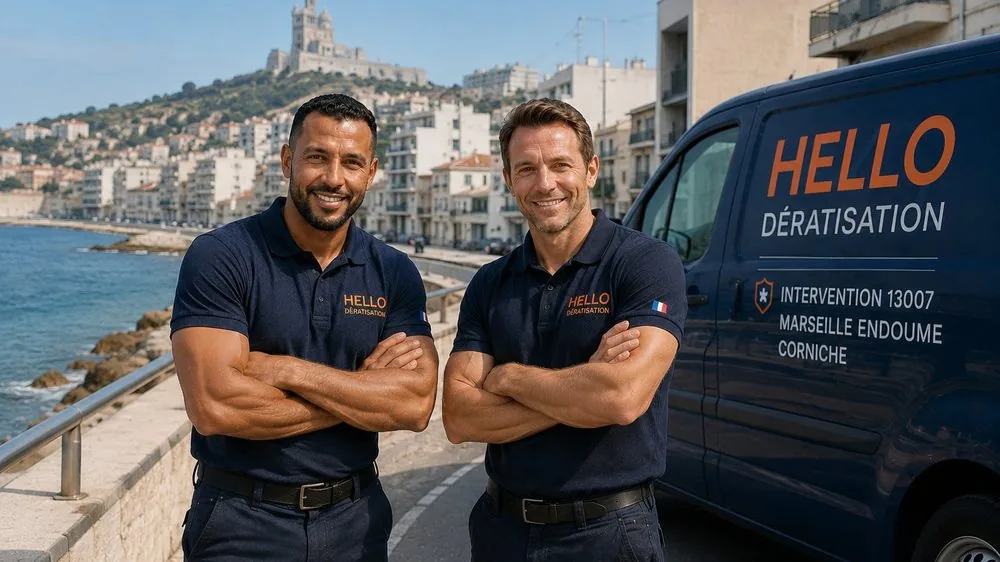 Medhi et Julien, Hello Dératisation, devant leur camion sur la Corniche de Marseille, Notre-Dame-de-la-Garde en fond — 7e arrondissement, Endoume (13007)