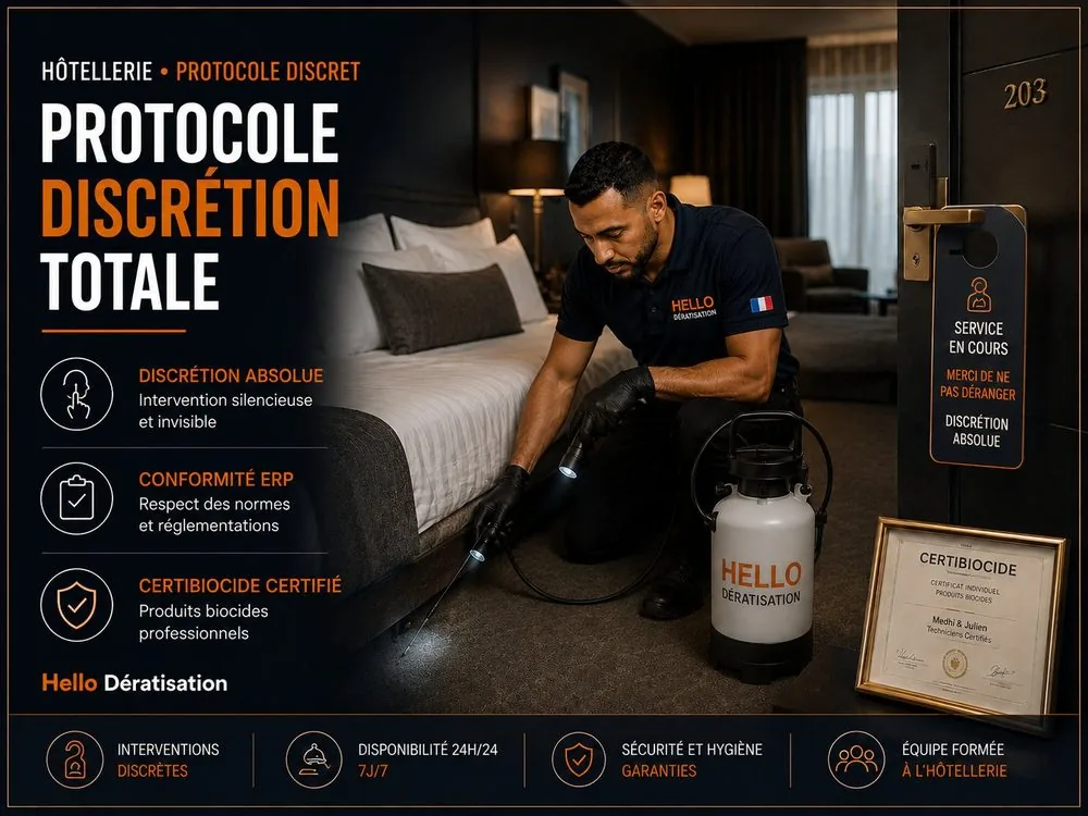 Protocole discrétion en hôtellerie — technicien Hello Dératisation en intervention discrète dans une chambre d'hôtel à Marseille, accroche-porte service en cours