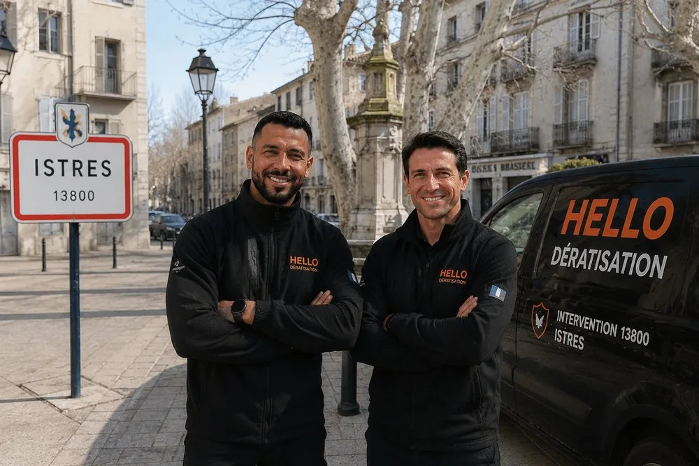 Medhi et Julien, fondateurs de Hello Dératisation, devant le panneau d'Istres (13800) avec leur véhicule d'intervention — dératisation et nuisibles au centre ancien, autour de l'étang de l'Olivier et dans les zones d'activités