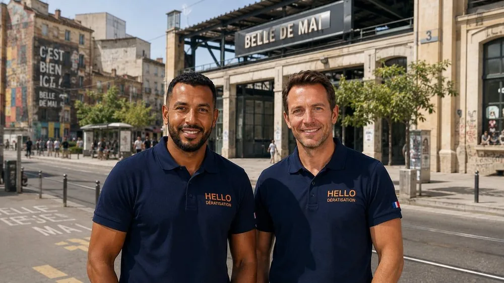 Medhi et Julien, fondateurs de Hello Dératisation, devant la halle de la Belle de Mai dans le 3e arrondissement de Marseille — dératisation et nuisibles à Saint-Mauront et Saint-Lazare (13003)