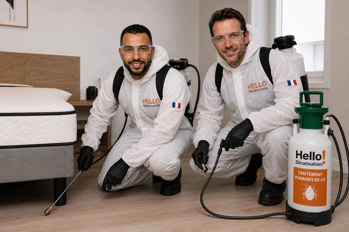 Medhi et Julien en combinaison traitant les punaises de lit dans une chambre à Marseille — Hello Dératisation, pulvérisateur professionnel